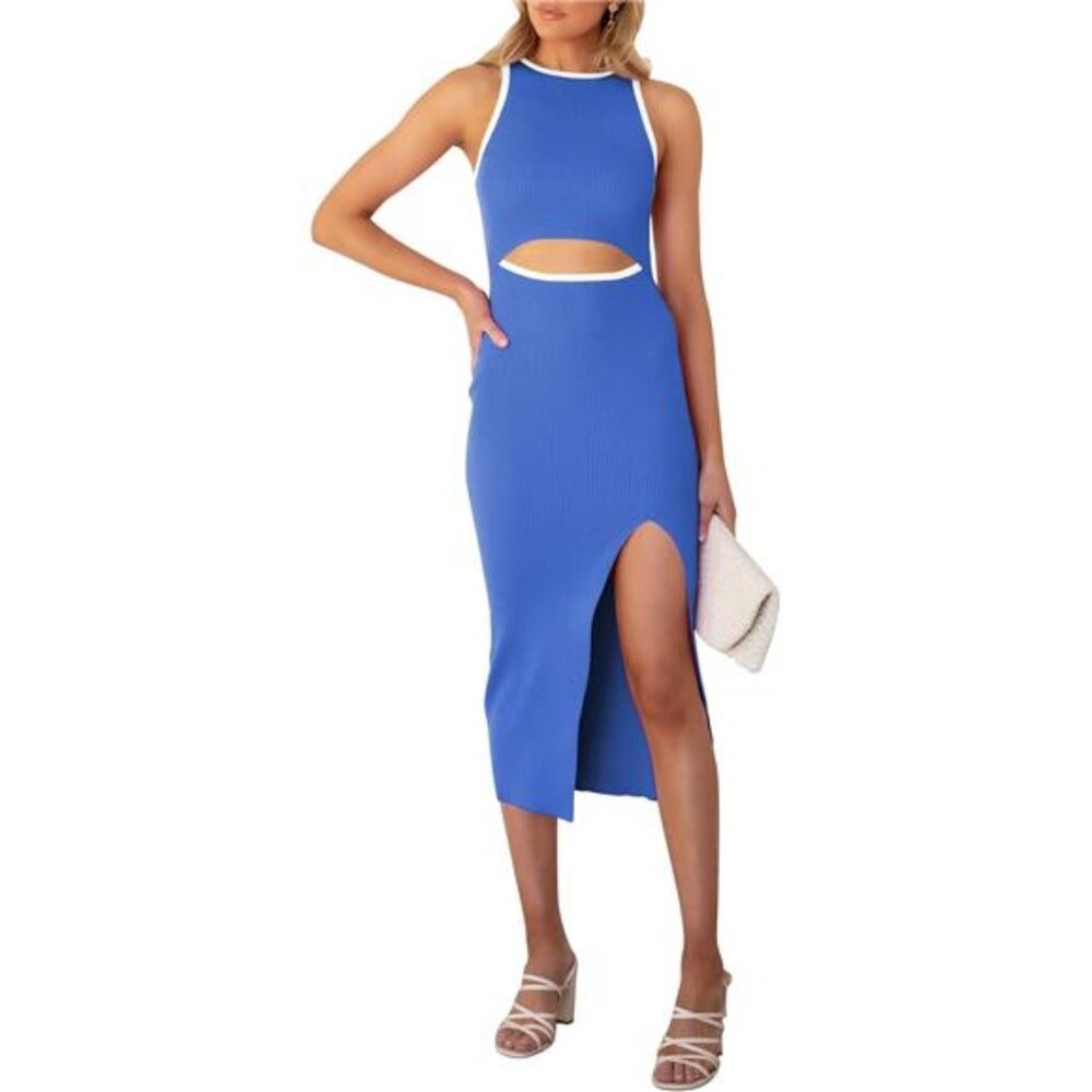 Women's Cutout Crew Neck Sleeveless Tank Slit Ribbed Bodycon Midi Dress